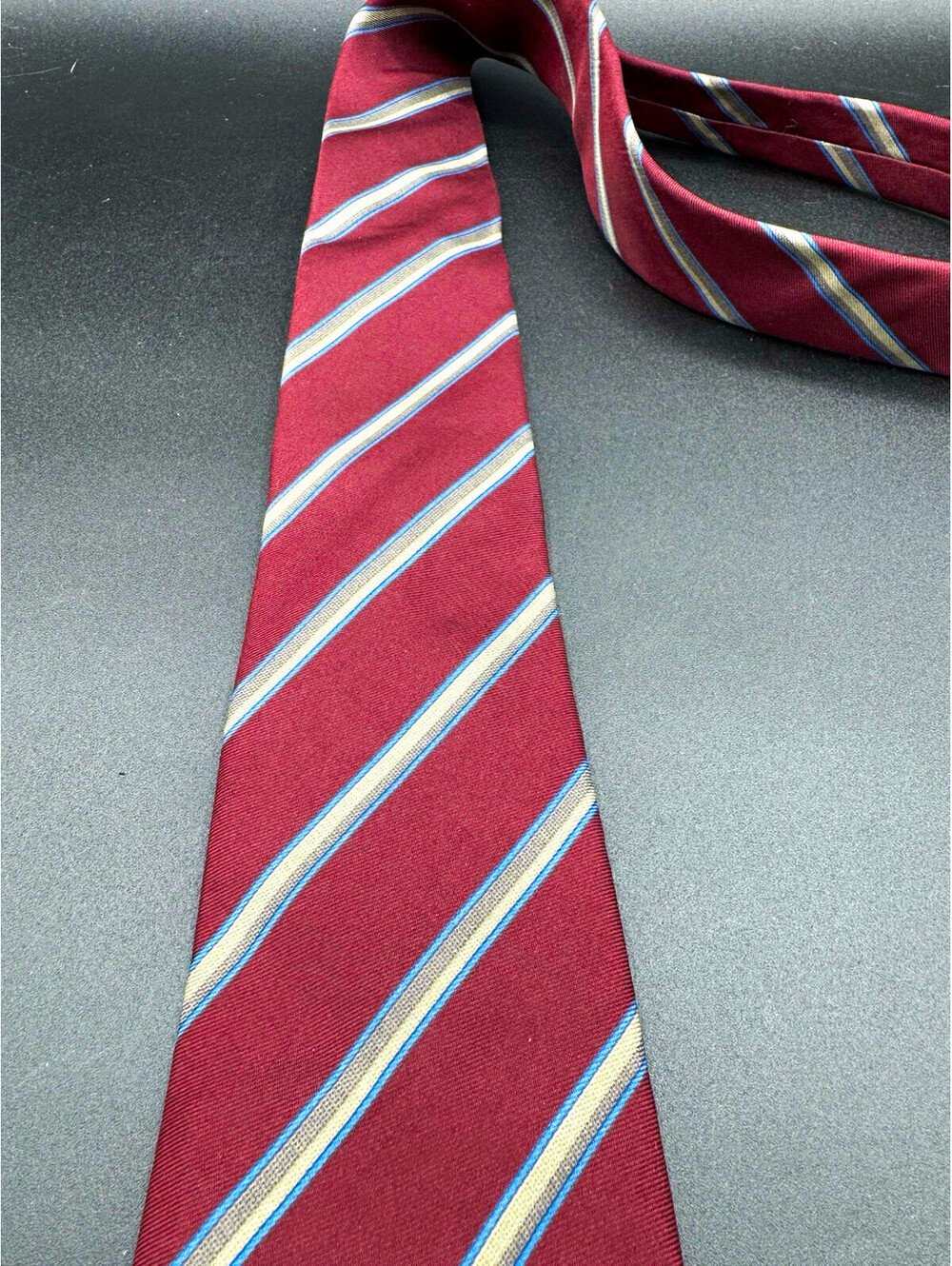 Vintage Calvin Klein Silk Tie Burgundy Blue Stripe Italy Fabric 57” x 3.25”